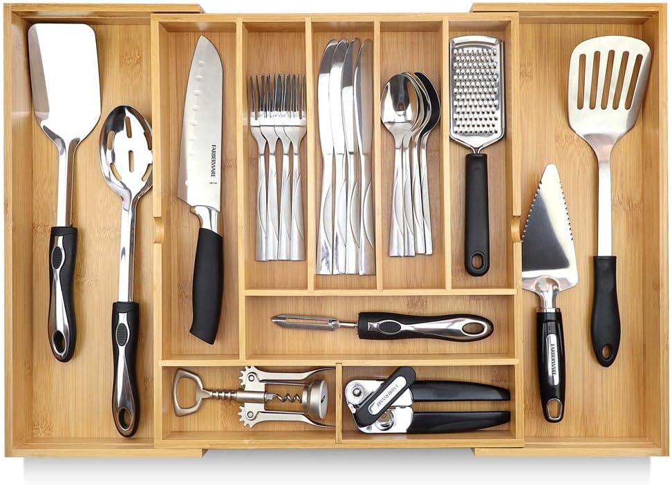 Pristine Bamboo Expandable Drawer Organizers for Kitchen - Extra Deep Non-Slip 17” x 14.6” (expands up to 25 inches) - Dark Wooden Silverware Divider (10 Compartments) – Organize Cooking Utensils