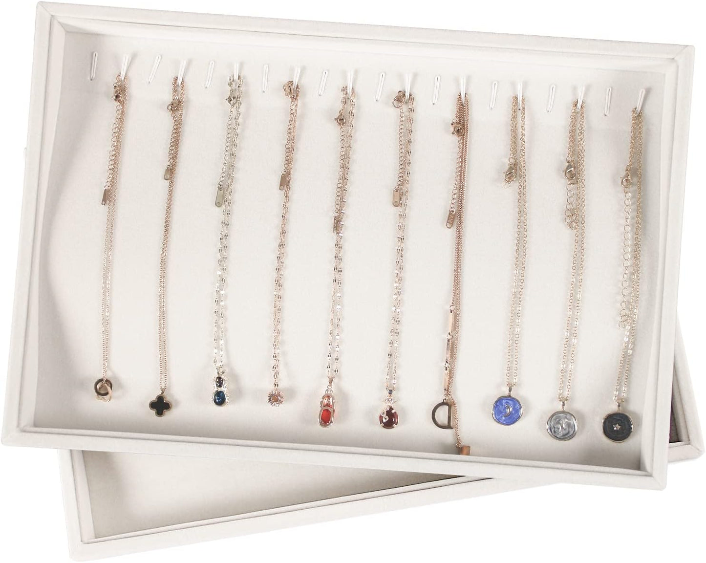 Coward Stackable Jewelry Trays Organizer Set with Clear Lid, Trays for Drawer, Earring Necklace Bracelet Ring Display Organizer (beige(ring+12girds+30girds+The glass lid))