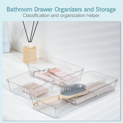 6 Pack Large Clear Plastic Drawer Organizer Trays, Desk Drawer Organizers and Storage Dividers, Non-Slip Storage Bins for Jewelry, Snacks, Office, Bathroom, Bedroom and Kitchen