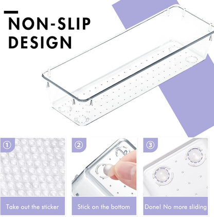 HOUSE DAY Makeup Drawer Organizer Trays 24 PCS, 4-Size Clear Drawer Organizers with Silicone Pads, Vanity Organizers and Storage, Non Slip Plastic Drawer Organizer for Desk, Bathroom, Kitchen, Office