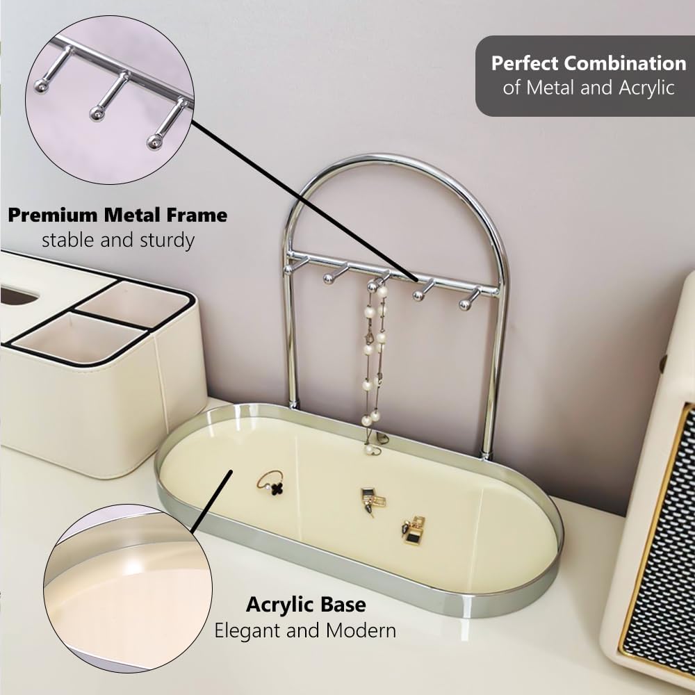 Shinpuru Metal Jewelry Organizer Stand & Key Holder Tray with Acrylic Base, Key Stand and Jewelry Tray with 5 Hooks, Perfect Key Bowl, Valet Key Tray, Ring Holder, Jewelry Dish (Silver Black)