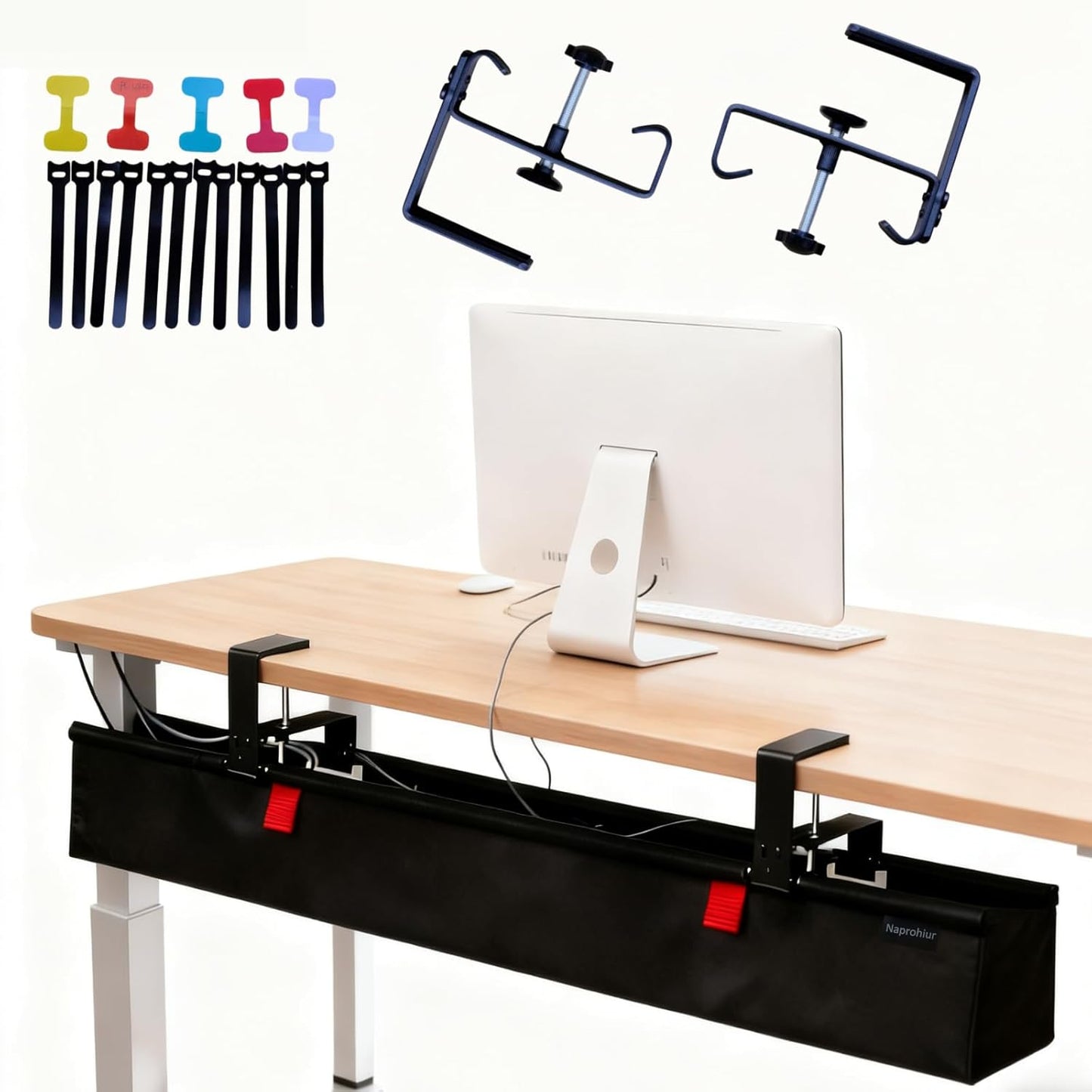 Under Desk Cable Management Tray, 48" Extra Large No Drill Cord Organizer with Easy to Clean Oxford Fabric, Clamp On Power Stripe Holder for Office, Home Office & Gaming Space