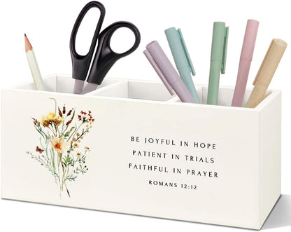 SNNDER Christian Pen Holder for Desk, Religious Christian Gifts for Women, Floral Boho Christian Bible Verses Wooden Pen Pencil Holder Organizer for Home Office Desk Accessories