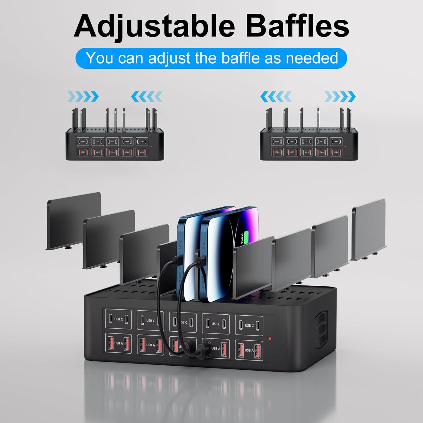 150W/35A Charging Station for Multiple Devices, 20 Port USB C Fast Charging Station with Adjustable Dividers - Organizer Charging Dock for Smartphone, iPad, Kindle, Tablet & More