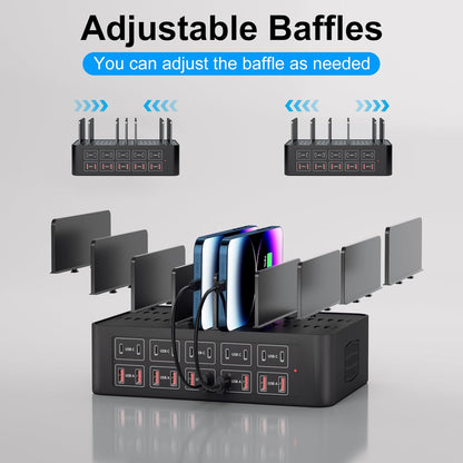 150W/35A Charging Station for Multiple Devices, 20 Port USB C Fast Charging Station with Adjustable Dividers - Organizer Charging Dock for Smartphone, iPad, Kindle, Tablet & More