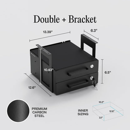 Under Desk Drawer Slide-Out – Lockable Metal Storage Drawers with Cable Management for Office & Home (Double, Bracketed)