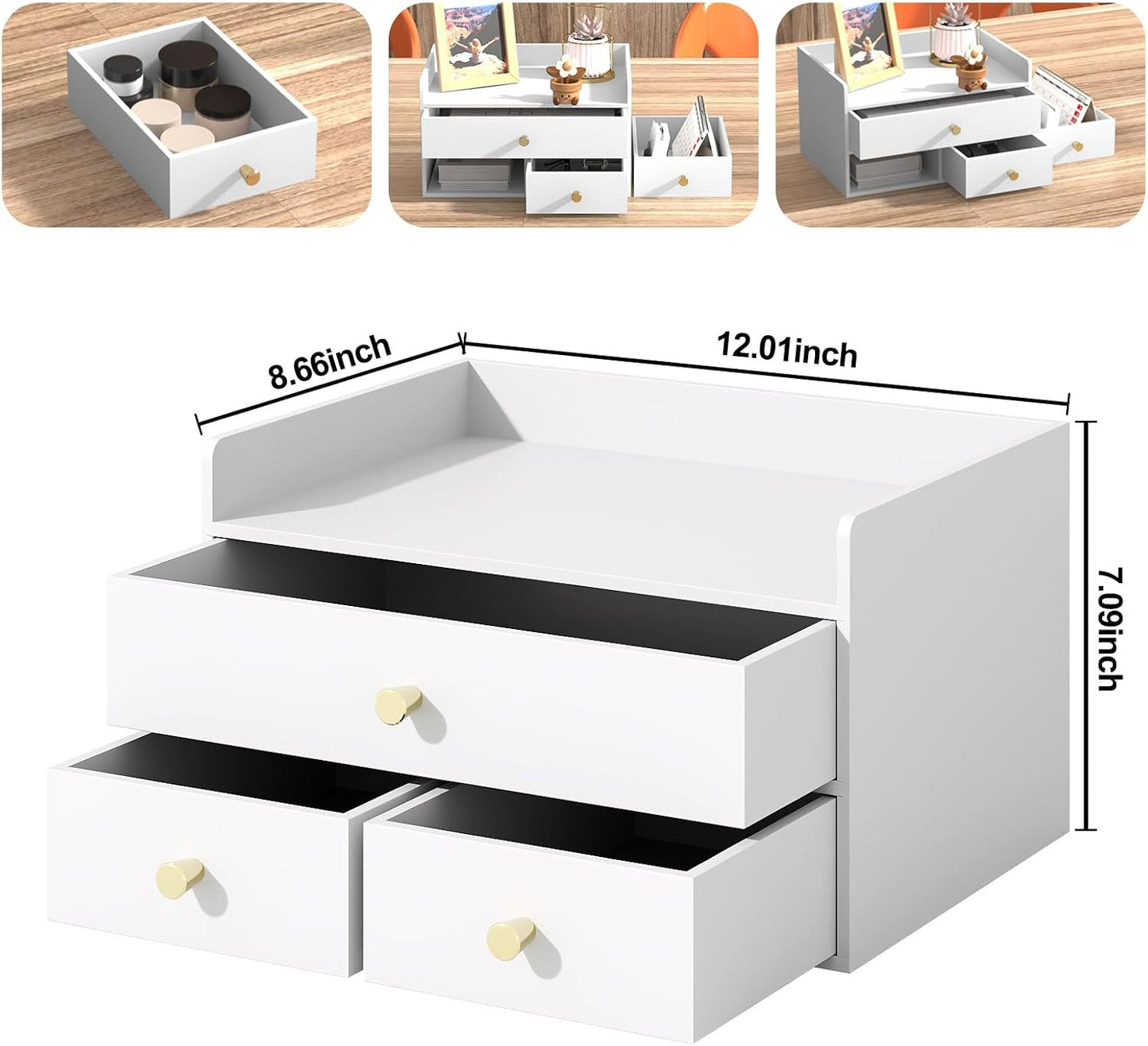 Bamboo Desk Organizer with Drawers Wooden Desktop Storage Organization Box for Bills Office Supplies Kitchen Utensils Organizing Tool for Home Classroom Vanity, No Assembly Required (3 Drawers, Black)