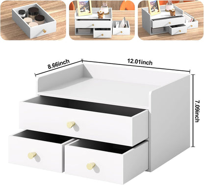 Bamboo Desk Organizer with Drawers Wooden Desktop Storage Organization Box for Bills Office Supplies Kitchen Utensils Organizing Tool for Home Classroom Vanity, No Assembly Required (3 Drawers, Black)