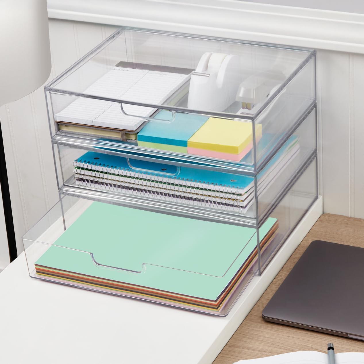 STORi STAX Plastic Stackable Organizer Drawers (Set of 2) Clear | 12.5" Wide | Set Includes Two Open Drawer | Organize Office Desk Accessories & Sort Paper | Made in USA