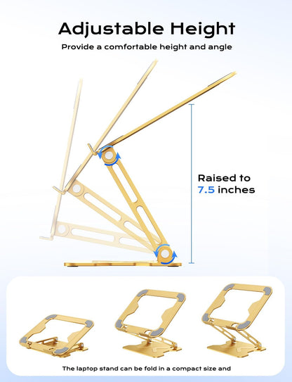 JCZT Adjustable Laptop Stand for Desk, Metal Foldable Laptop Riser, Portable Laptop Holder Mount, Ventilated Cooling Computer Notebook Stand for MacBook Air Pro, All 10-16'' Notebooks Laptops, Gold