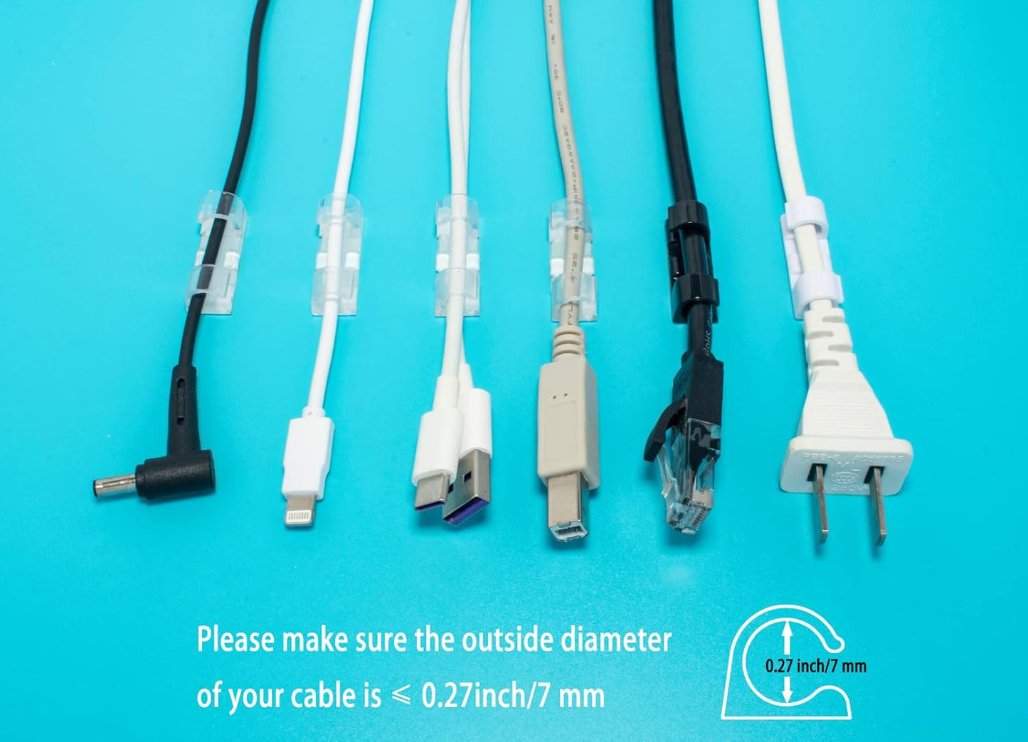 Self-Adhesive Cable Clips Organizer Drop Wire Holder Cord Management, Max Fitting Cable Diameter 0.27 inch, Pack of 20, Transparent