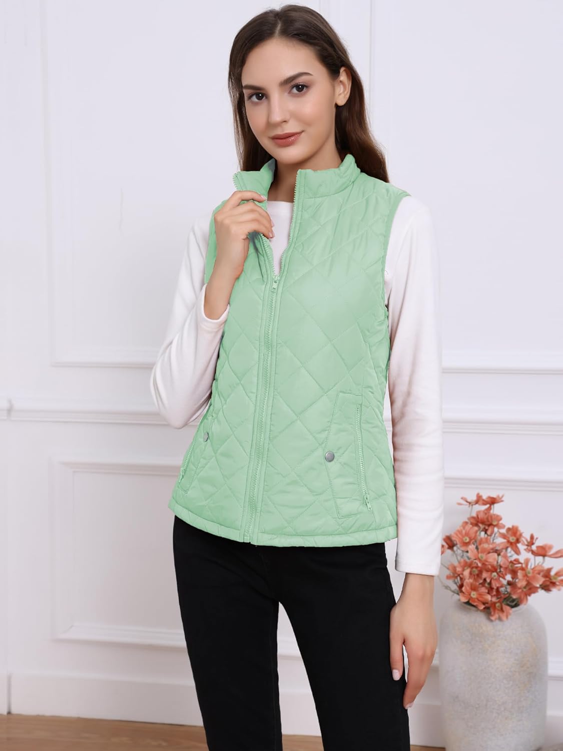 Allegra K Women's Puffer Vest Stand Collar Lightweight Gilet Quilted Zip Vest