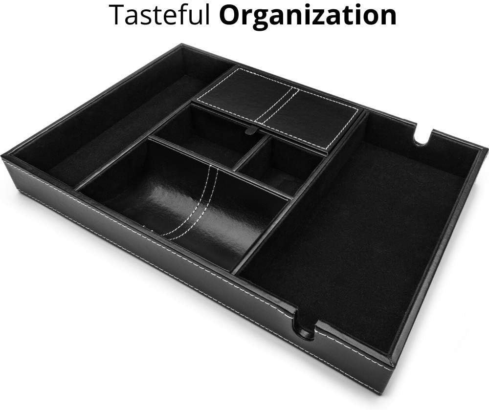 ULTRAY, Valet Tray for Men, Nightstand Organizer, Entry Table Organizer, Catch All, Black Faux Leather Box, 6 Compartments
