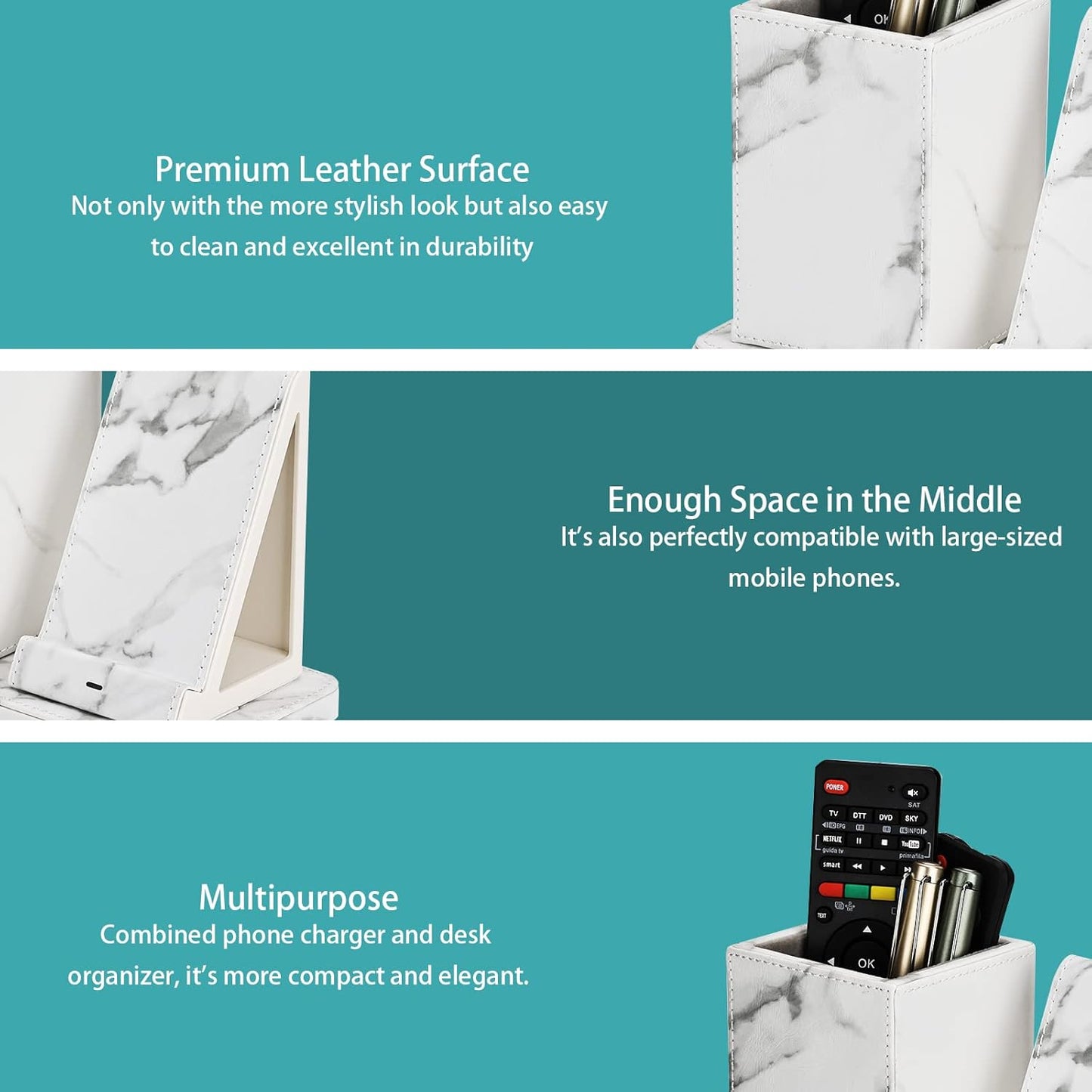 Wireless Charger with Desk Organizer, Wireless Charging Station for iPhone 13/13 Pro Max/13 Pro/12 Series/11/XS Max/XR/X/8Plus/SE 2, Wireless Charging Stand with Leather… (Marble)