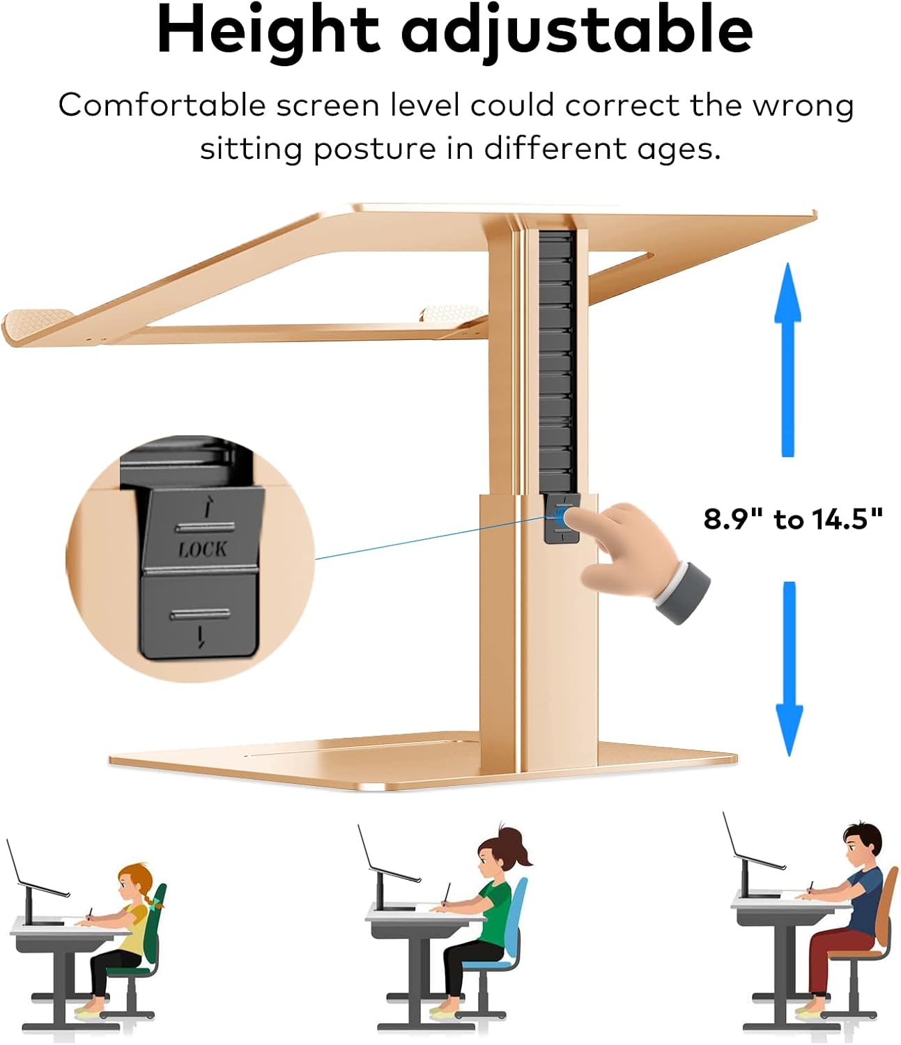 Laptop Stand for Desk, Ergonomic Aluminum Laptop Stand Adjustable Height from 7-15", Sitting and Standing Laptop Riser for 10-17" Notebook