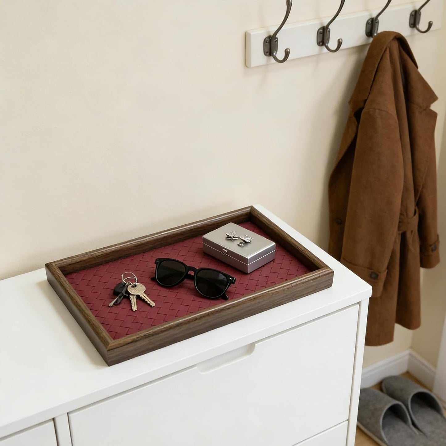 Wooden Valet Tray with Leather Base, EDC Catch All Tray Nightstand Entryway Table Vanity Organizer 11.8x7.9, Black