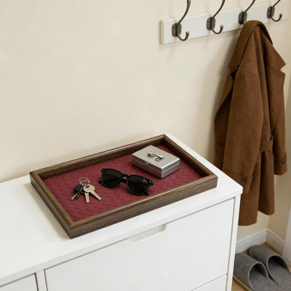 Wooden Valet Tray with Leather Base, EDC Catch All Tray Nightstand Entryway Table Vanity Organizer 11.8x7.9, Black