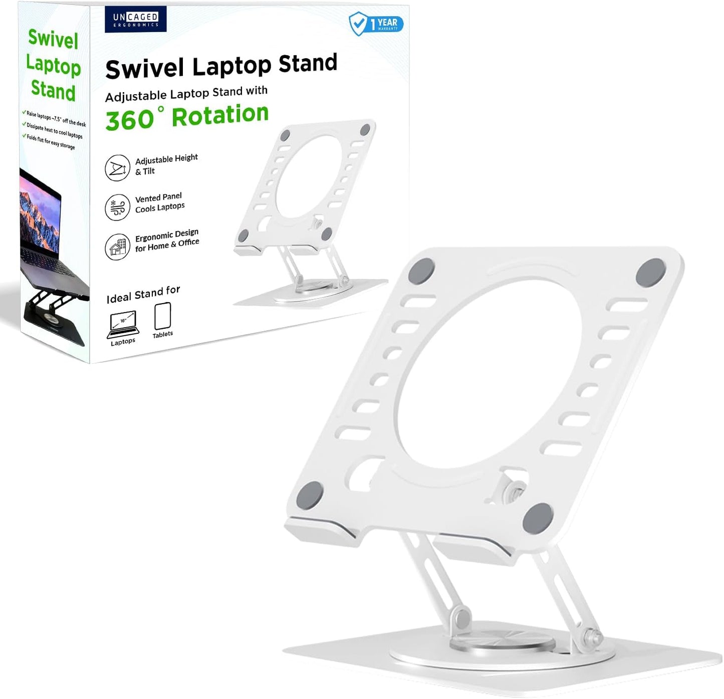 Uncaged Ergonomics Swivel Laptop Stand for Desk, Adjustable Computer iPad Stand for Desk w/ 360 Rotation, Portable Laptop Holder for Home Office Ergonomic Supplies (Black)