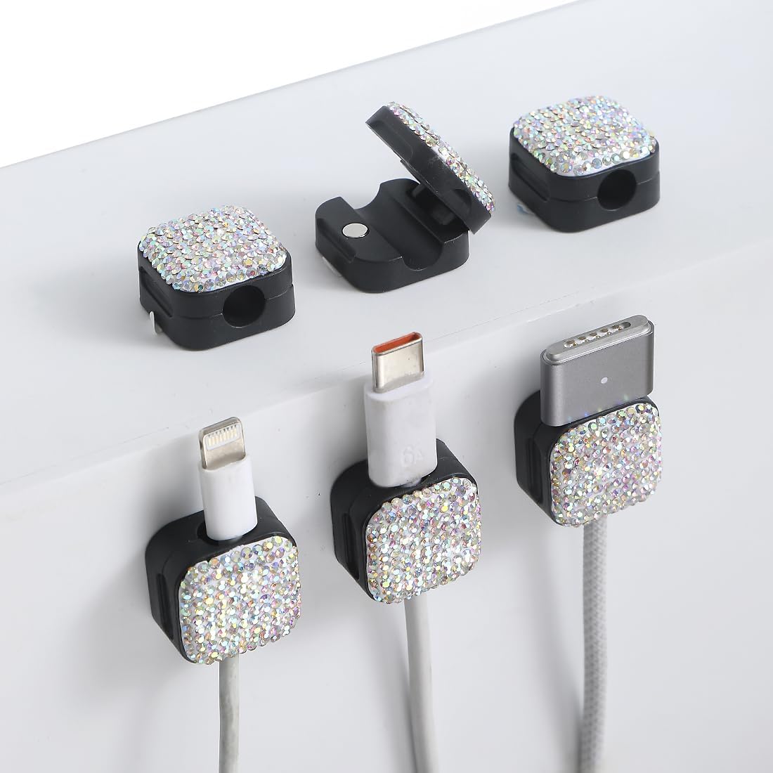 Sparkly Diamond Cord Organizer Holder, 6 Pack Magnetic Desk Cable Clips Management, Hide Phone Charging Cable Keeper, Strong Adhesive Wire Charger Holder for Nightstand, Kitchen Appliances (Pink)