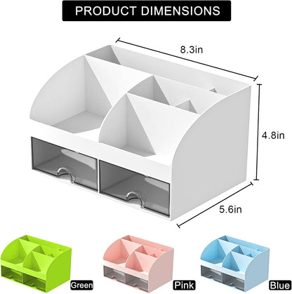 COMFYROOM Desk Organizer with 6 Compartments and 2 Drawers, Plastic Makeup Organizer, Pen Holder for Desktop Storage, Desk Organization for School, Home, Office Supplies (White)
