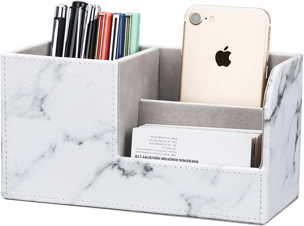 KINGFOM Desk Organizer Office Supplies Caddy Pu Leather Multi-function Storage Box Pen/Pencil,Cell phone, Business Name Cards Remote Control Holder with Small Drawer Black