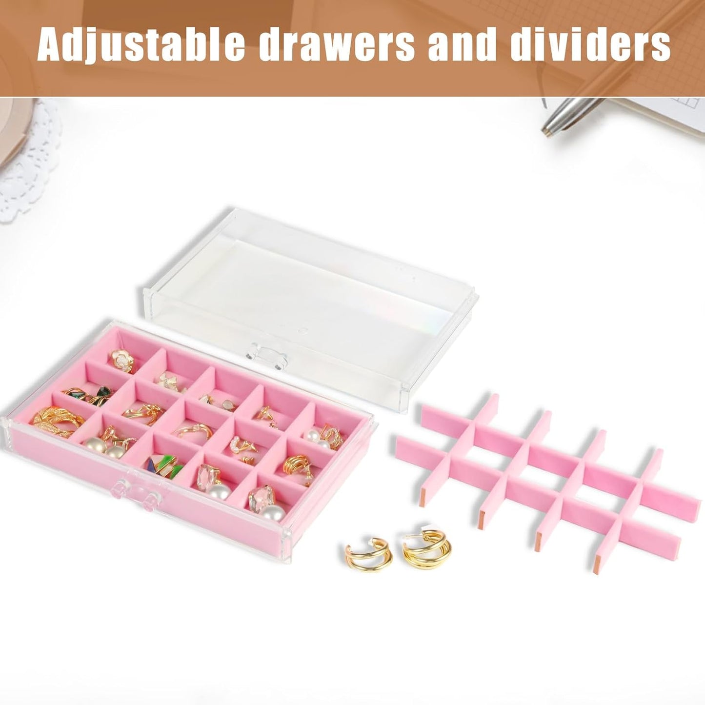 GUOER 5 Drawers Clear Jewelry Box for Women and Girls, Acrylic Earring Holder Organizer Ring Holder Display Storage, Mother's Day Warm White