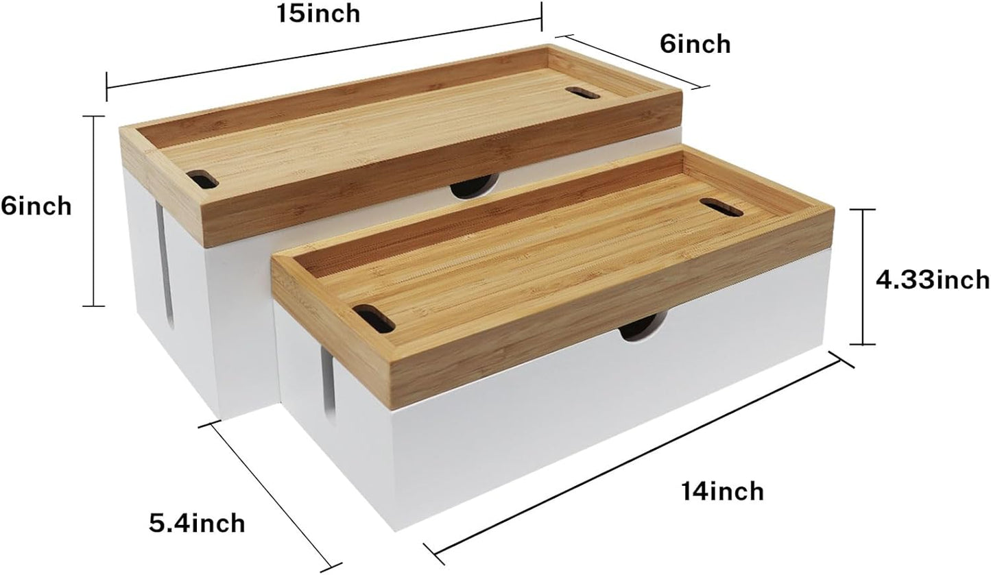 Bamboo Cable Management Box, Large Cord Organizer Box Cable Box to Hide Wires & Power Strips for Desktop Storage Cord Holder for Office Home,No Assembley Required (All White, Large)