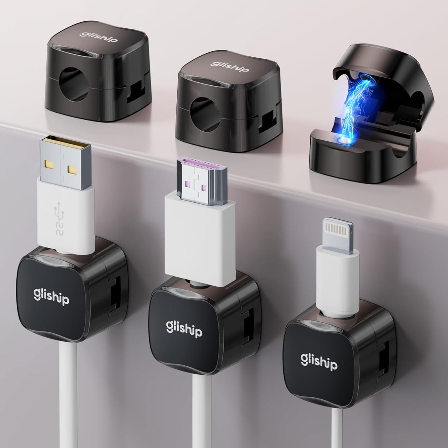6-Pack Magnetic Cable Clips - Cell Phone Cord Holder for Nightstand, Mini Cube Cord Holder with 6 Extra Strong Adhesive Pads, USB Cable Magnetic Clip for Office Desk Home