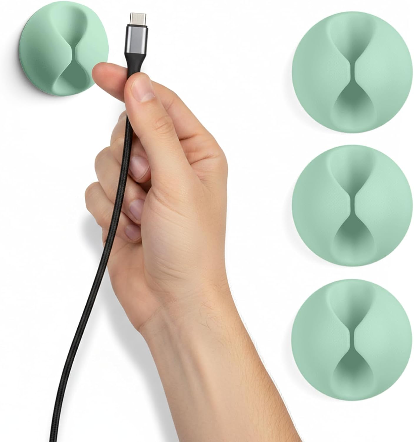 3PCS Cord Holder Cable Clips, Round Silicone Adhesive Cord Organizer Charger Holder Wire Management Keeper for Home, Nightstand, Desk, Office or Mouse, Light Green