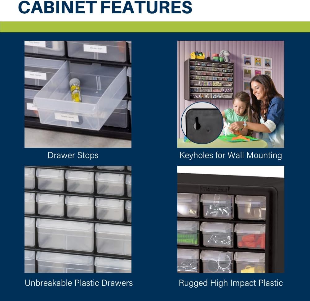 Akro-Mils 24-Drawer Plastic Drawer Storage Cabinet for Garage Organization, Bead Organizer, Building Bricks Storage, Teacher Toolbox, Makeup Organizer, 20" W x 6" D x 16" H, 10124 Black