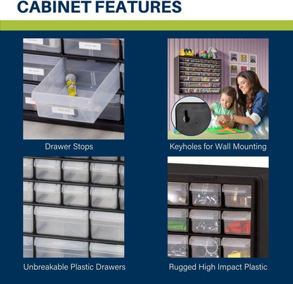 Akro-Mils 24-Drawer Plastic Drawer Storage Cabinet for Garage Organization, Bead Organizer, Building Bricks Storage, Teacher Toolbox, Makeup Organizer, 20" W x 6" D x 16" H, 10124 Black