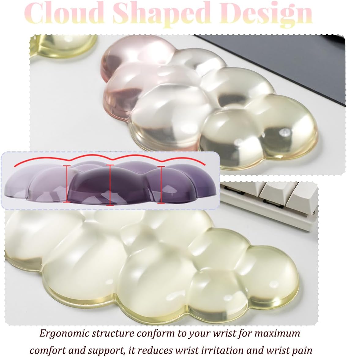Gel Keyboard Wrist Rest Cloud Set, Clear Ergonomic Wrist Support and Arm Support Keyboard Rest for Typing Pain Relief, with Non-Slip Soft Washable Wrist Rest(Pink Blue)