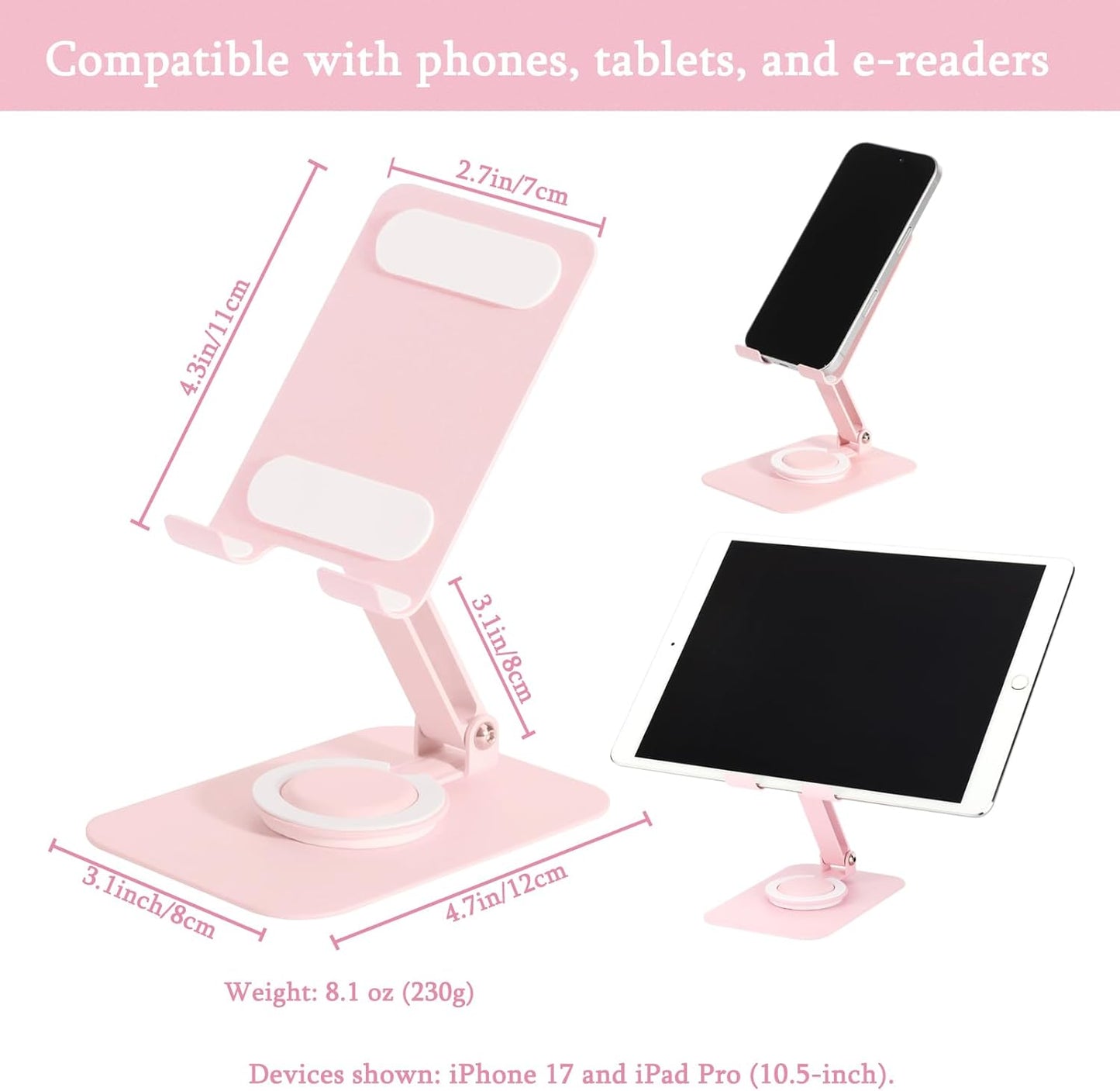 Adjustable Metal Phone Stand for Desk – Foldable 360° Rotating Phone Holder Compatible with iPhone 17/16/15/14 Pro Max/Air, Galaxy S25/S26 & Google Pixel 10a – Pink