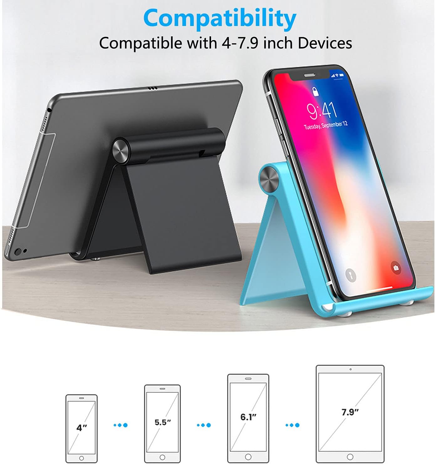 VOVIGGOL Cell Phone Stand Holder, Cellphone Holder Adjustable Desktop Phone Stand for Desk, Foldable Phone Cradle Dock Mobile Stand for iPhone iPad Tablet 4 to 7.9 Inch Smartphones (Black)
