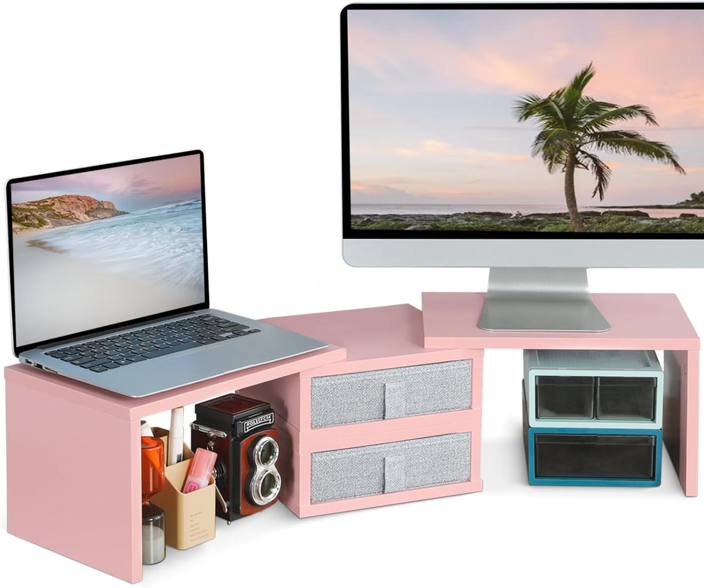 TEAMIX Dual Monitor Stand Riser with 2 Drawers-Length and Angle Adjustable 3 Shelf Monitor Riser with Storage Desk Organizer Large Computer Monitor Stand for 2 Monitors/Laptop/PC,Wood Screen/TV Stand