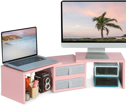 TEAMIX Dual Monitor Stand Riser with 2 Drawers-Length and Angle Adjustable 3 Shelf Monitor Riser with Storage Desk Organizer Large Computer Monitor Stand for 2 Monitors/Laptop/PC,Wood Screen/TV Stand
