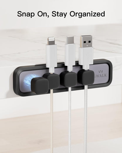 iWALK Magnetic Cable Holder,Reusable Adhesive Desktop Cord Organizer for 2-6mm Cables,4 Clips for Lightning & USB C/Micro Cables,Sticks to Wood,Glass,Metal, Marble,2-Pack,Black
