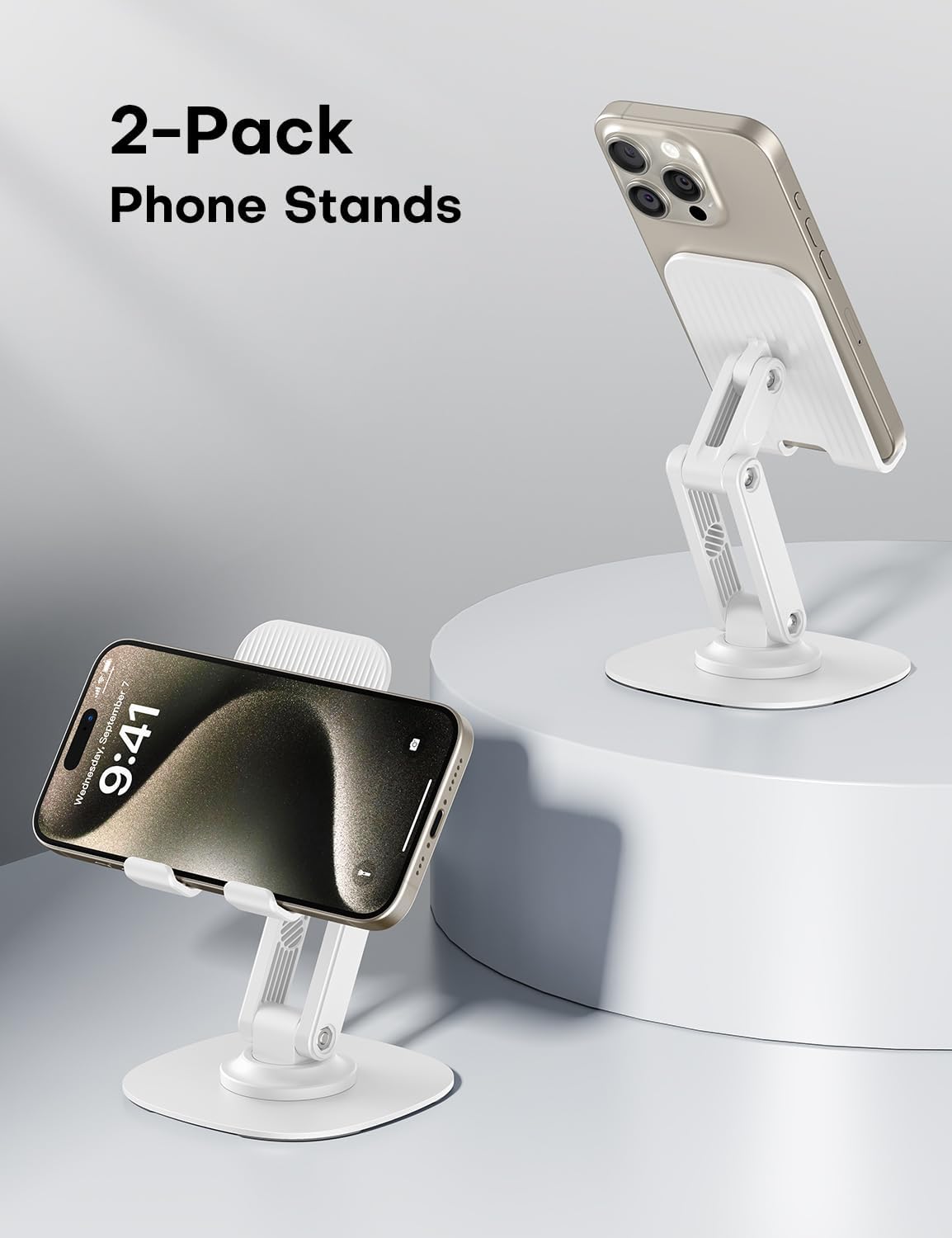 OMOTON Cell Phone Stand for Desk, 2 Pack Adjustable Foldable Phone Holder, 360 Swivel Mobile Stand Fit for iPhone 17 16 15 14 13 Pro Max and All Smart Phones, Black & White