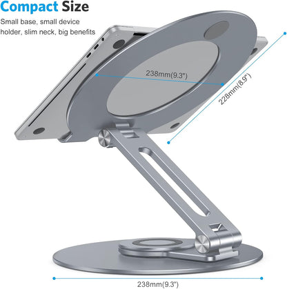 OMOTON Adjustable Laptop Stand with 360 Rotating Base, Ergonomic Laptop Riser for Collaborative Work, Dual Rotary Shaft Fully Foldable for Easy Storage, Fits All Laptops up to 16 inches, Silver