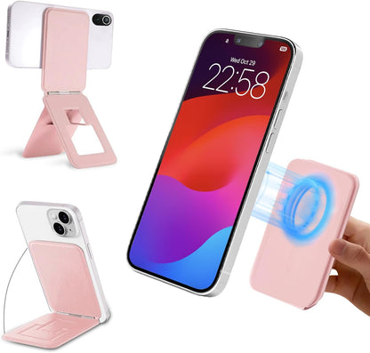 Magnetic Phone Stand, Compatible with All Smartphones 17/16/15/14/13/12 Series, Slim PU Leather Desk Stand with Angle Adjustment, Portable & Includes 1 Strong Magnetic Ring for Any Phone(Pink)