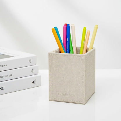 UnionBasic Square Pen Holder, Leather Pencil Cup, Desktop Caddy Stationery Organizer, Beige