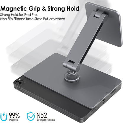 YICOSUN Magnetic iPad Stand for Desk, 360° Adjustable Aluminum Holder, Portable Folding for Office, Kitchen, Drawing, Gaming, Compatible with iPad Air13 M3/M2, iPad Pro12.9 6th/5th/4th/3rd - Gray