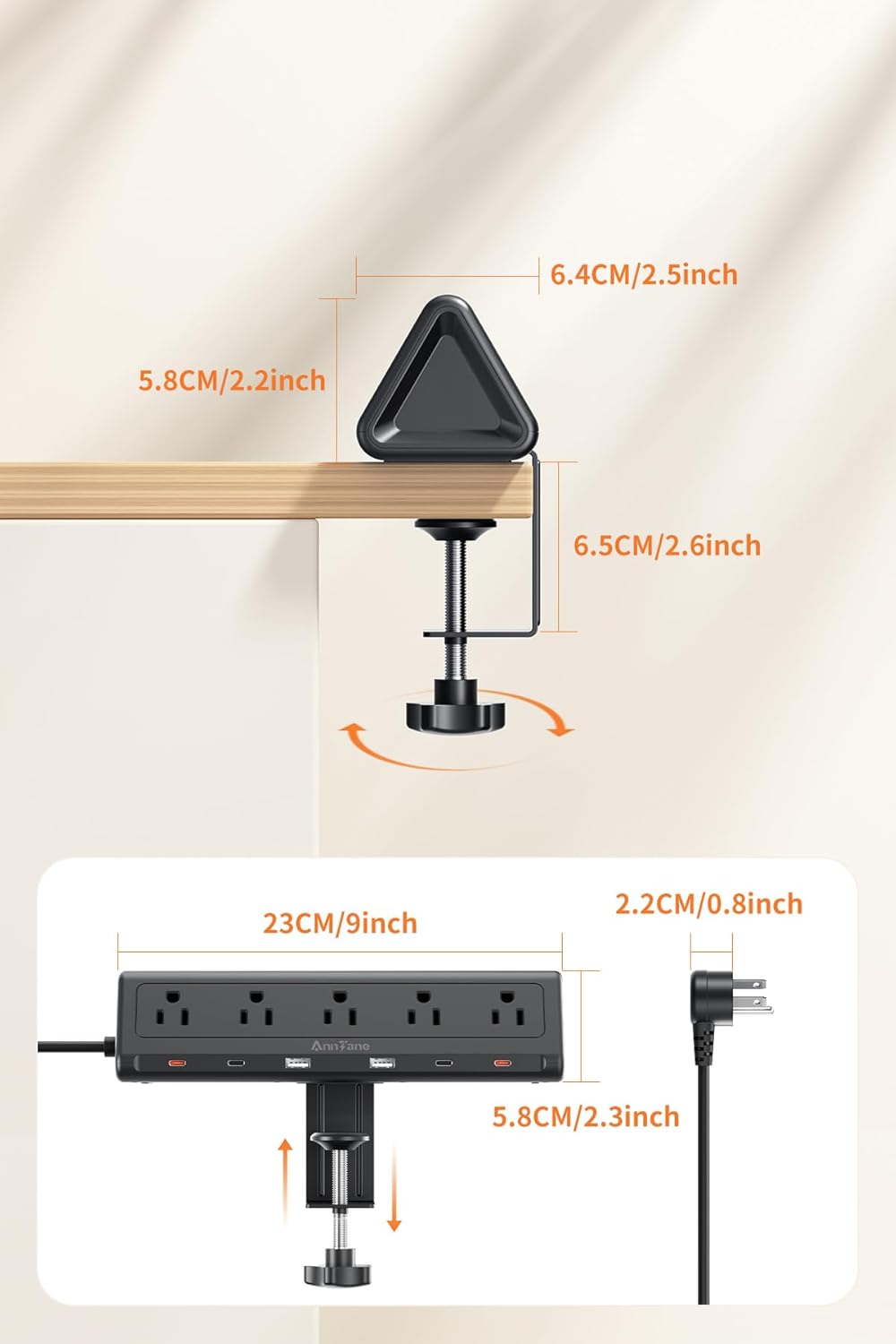 6.5 FT Desk Clamp Power Strip with 5 AC Outlets & 6 USB Ports PD 40W USB-C Fast Charging, 1250J Surge Protector, Fits 2.1 in top Edge Black