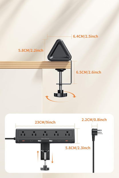 6.5 FT Desk Clamp Power Strip with 5 AC Outlets & 6 USB Ports PD 40W USB-C Fast Charging, 1250J Surge Protector, Fits 2.1 in top Edge Black