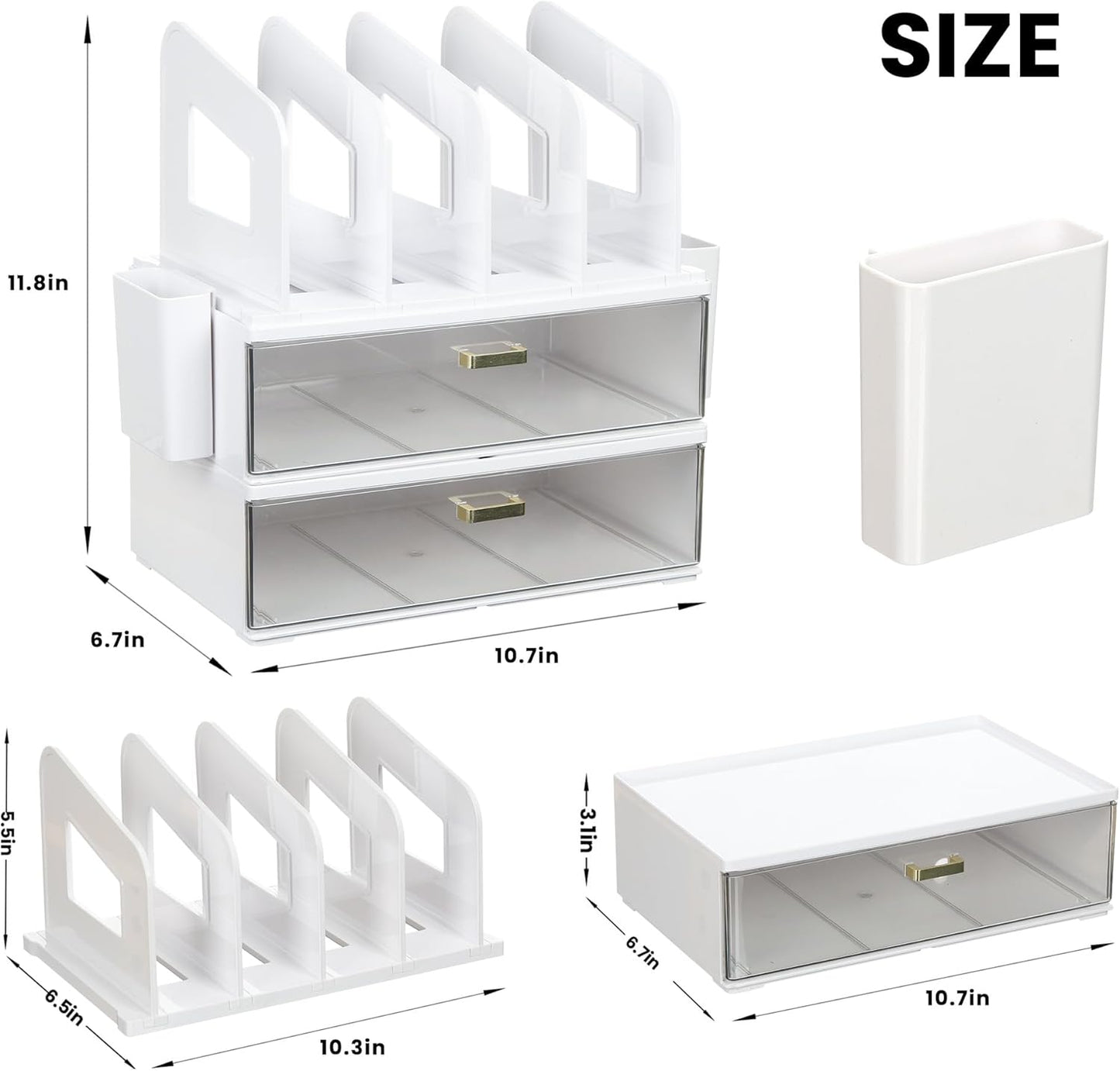 LALOBLUE Acrylic Desk Organizer with Drawer and Vertical File Holder, Desk Organizers and Accessories, Multi-Functional Office Supplies Organizer for Home or Work Desk, White