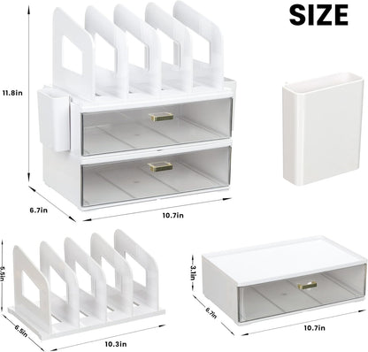 LALOBLUE Acrylic Desk Organizer with Drawer and Vertical File Holder, Desk Organizers and Accessories, Multi-Functional Office Supplies Organizer for Home or Work Desk, White