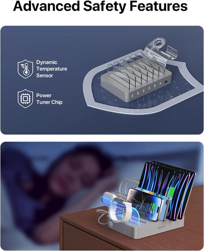SooPii Premium 6-Port USB Charging Station Organizer for Multiple Devices, 6 Short Charging Cables and One Upgraded i-Watch Charger Holder Included, for Phones, Tablets, and Other Electronics, White