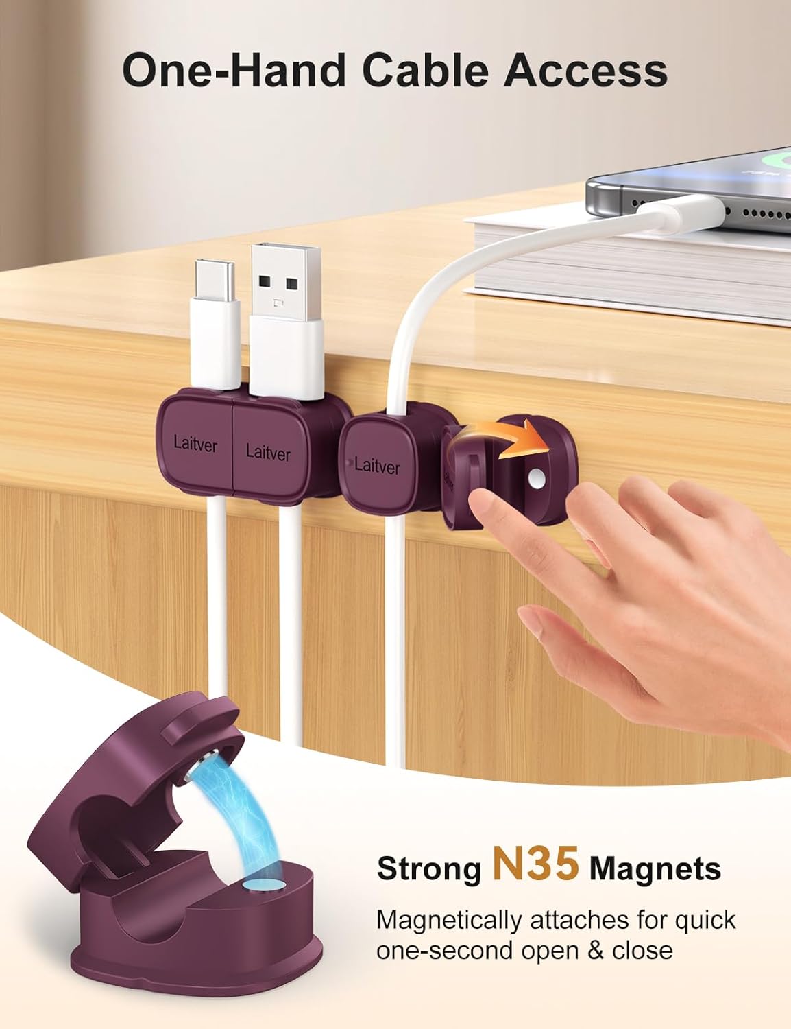 6 Pack Magnetic Cable Clips [1s Open/Lock], Laitver Cord Organizer Holder Strong Adhesive Desk Cable Management- Organize Charging Cords Neatly for Home, Office, Car,Desk, Nightstand