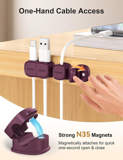 6 Pack Magnetic Cable Clips [1s Open/Lock], Laitver Cord Organizer Holder Strong Adhesive Desk Cable Management- Organize Charging Cords Neatly for Home, Office, Car,Desk, Nightstand
