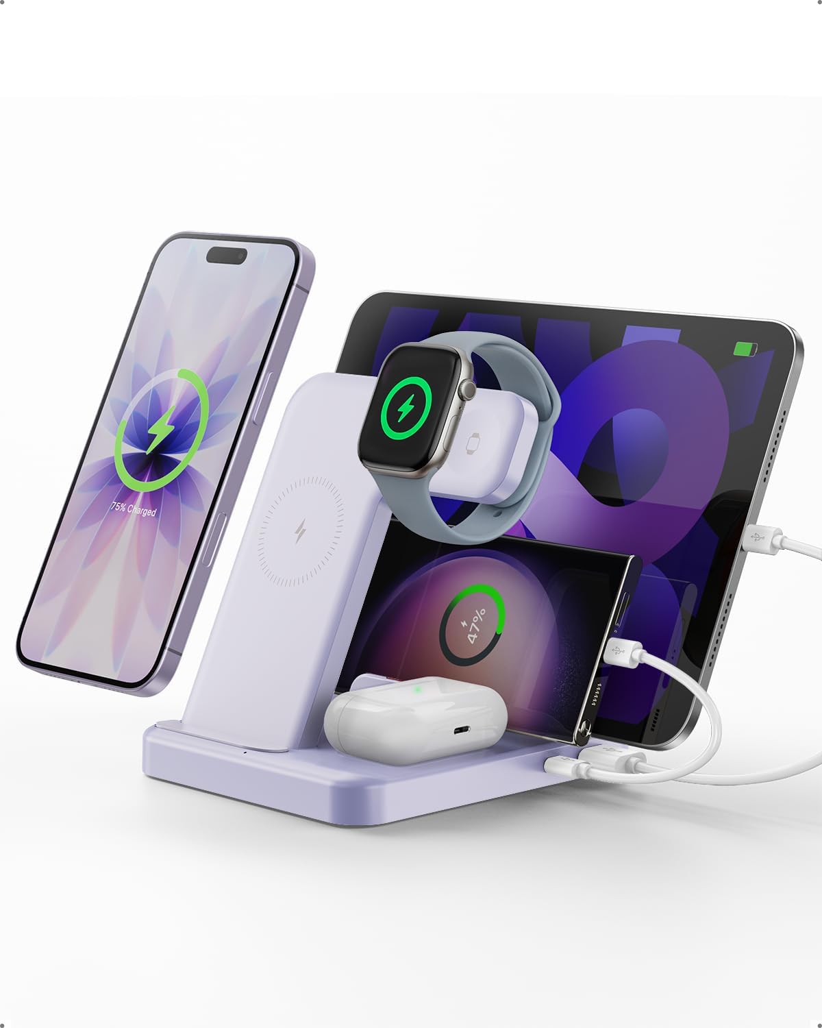 Intoval 5-in-1 Charging Station, for iPhones 17/17 Pro/17 Pro Max and Androids, iPad Pro/Air/Mini, Apple Watch 11/Ultra 3/Ultra 2/Ultra/10/9/SE, Wireless Charging Dock for Multiple Devices (Lavender)
